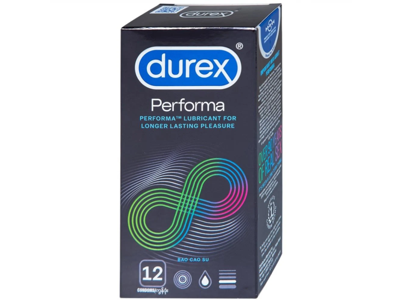 Bao cao su Durex Performa có gel bôi trơn, kéo thời điểm cực khoái trong lúc quan hệ (12 cái)