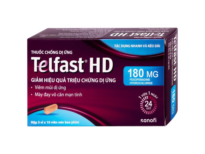 Thuốc chống dị ứng Telfast HD 180mg Sanofi giảm triệu chứng viêm mũi dị ứng, mày đay vô căn mạn tính (3 vỉ x 10 viên)