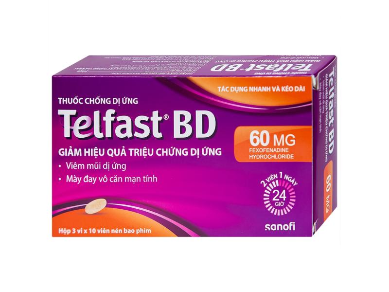 Viên nén bao phim Telfast BD 60mg Sanofi giảm hiệu quả triệu chứng dị ứng (3 vỉ x 10 viên)