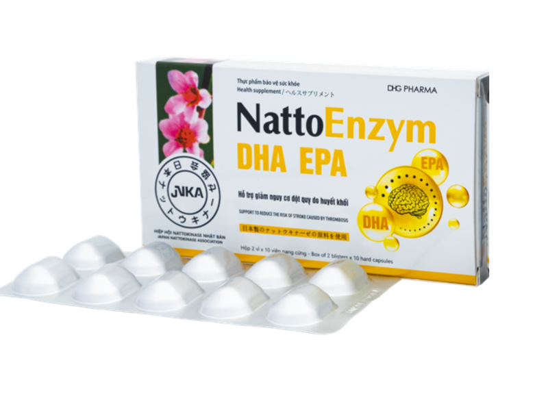 Viên uống NattoEnzym DHA EPA DHG Pharma hỗ trợ giảm nguy cơ đột quỵ do huyết khối (Hộp 20 viên)
